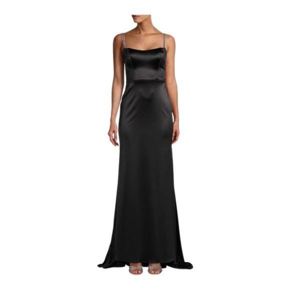 Ieena for Mac Duggal Crystal Strap Black Satin Gown Size 4 NWT - Picture 3 of 9